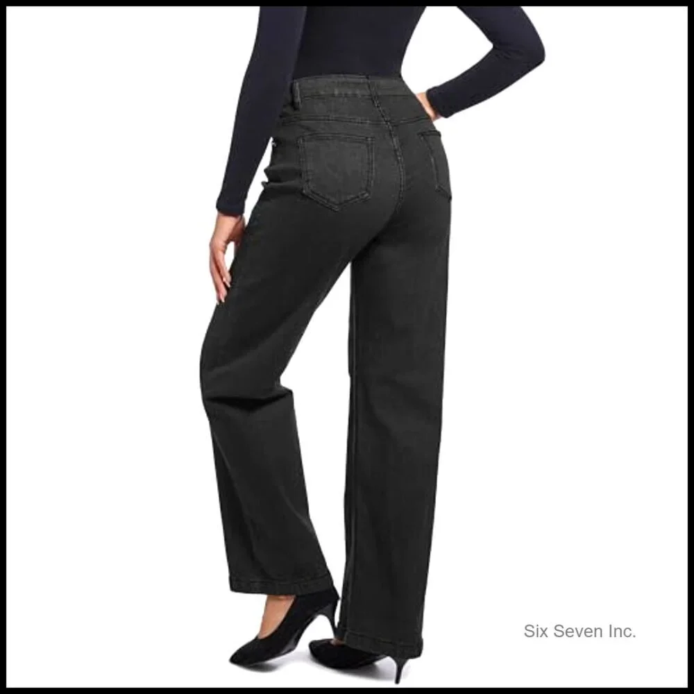 Straight Leg High Waisted Stretch Jeans Pull On Casual Chic Classic Fit